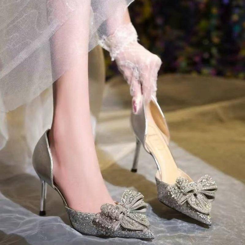 Damen Schleife High Heels Stilettoabsatz Spitz Zehenbereich Strass Pumps Damenschuhe Hochzeit Feenstil Bankett 39 silber von Joom DACH