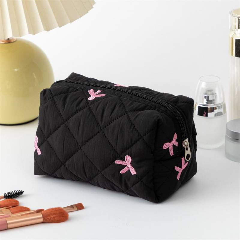 Damen Schleife Make-up Tasche für Schleife Reise Kosmetiktaschen Große Kapazität Handheld Make-up Toilettenartikel Aufbewahrungstasche schwarz von Joom DACH