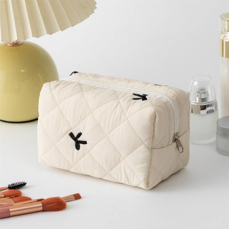 Damen Schleife Make-up Tasche für Schleife Reise Kosmetiktaschen Große Kapazität Handheld Make-up Toilettenartikel Aufbewahrungstasche beige von Joom DACH