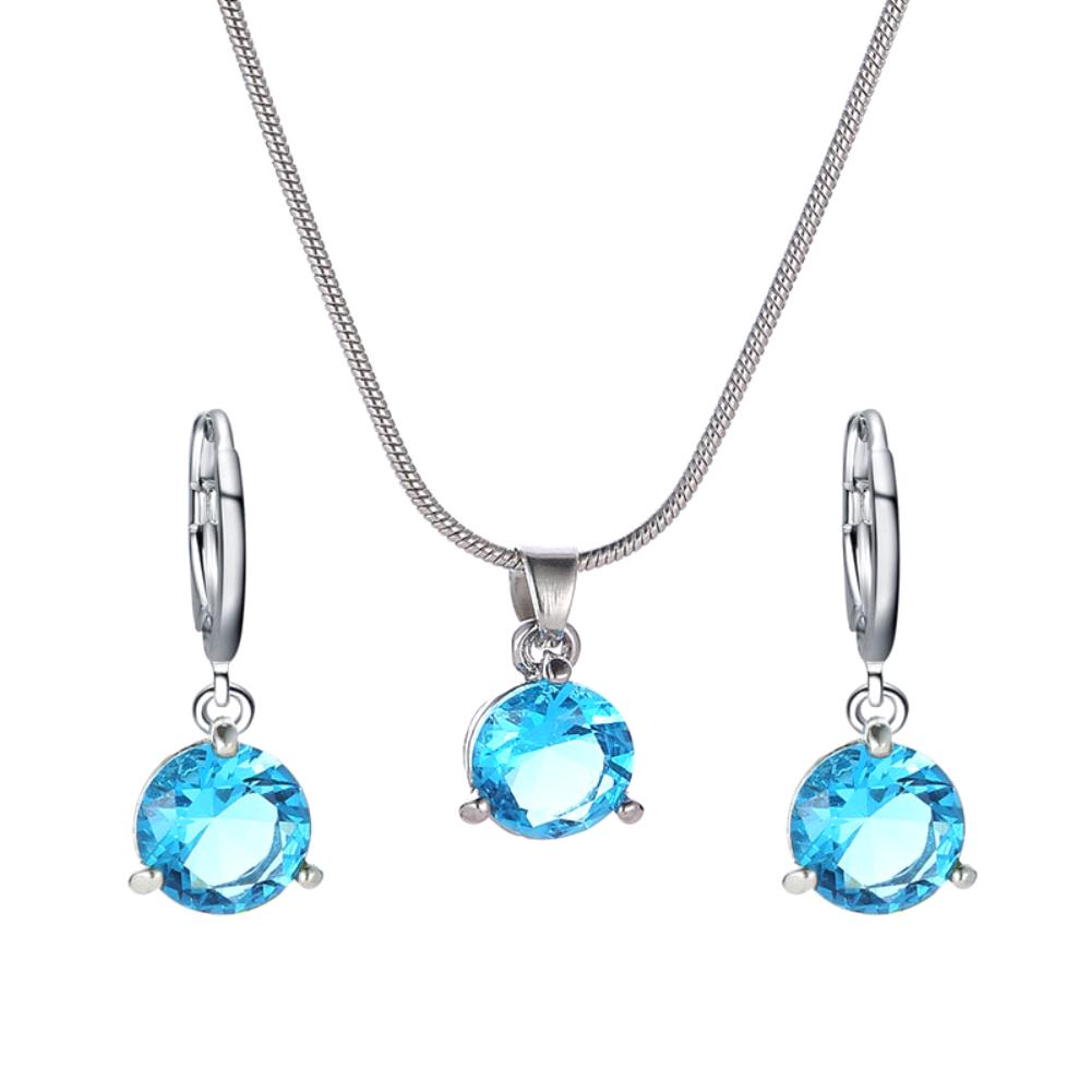 Damen-Schmuckset mit rundem Zirkonia-Anhänger, Kette, Halskette, Creolen und Ohrringen hellblaue von Joom DACH