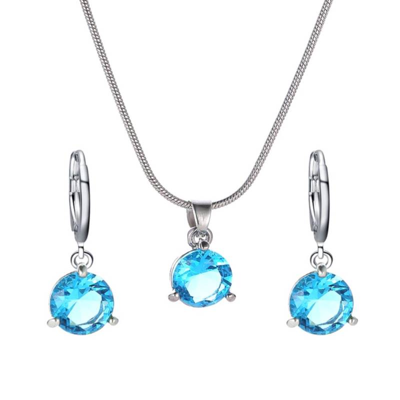 Damen-Schmuckset mit rundem Zirkonia-Anhänger, Kette, Halskette, Creolen und Ohrringen hellblaue von Joom DACH