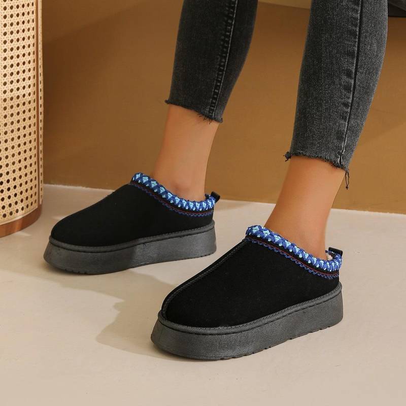 Damen Schneestiefel Fleecegefütterte Plateau-Slipper Plateauabsatz Absatzfreie Baumwollgepolsterte Schuhe Übergröße Baumwollpantoffeln 42 schwarz von Joom DACH