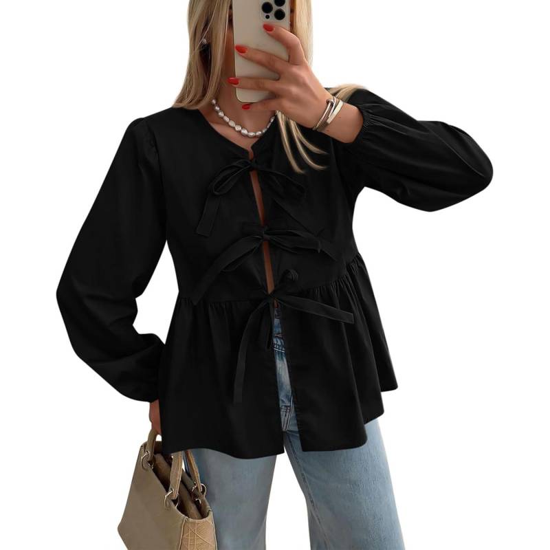 Damen Schößchen-Top mit Bindeband vorne, Y2k, Puffärmel, kurzärmlig, mit Schnürung, Schleife, Hemd mit Rüschensaum, Babydoll-Blusen 2XL schwarz von Joom DACH