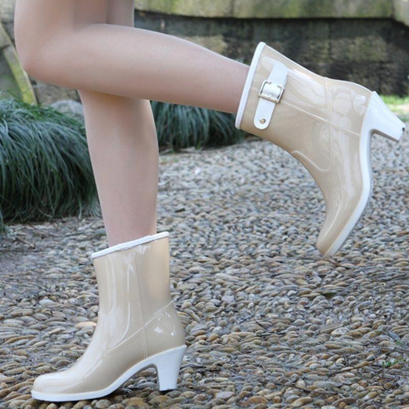 Damen-Schuhe, mittelhohe Damen-Regenstiefel, modische, wasserdichte Gummistiefel mit dickem Absatz 36 beige von Joom DACH
