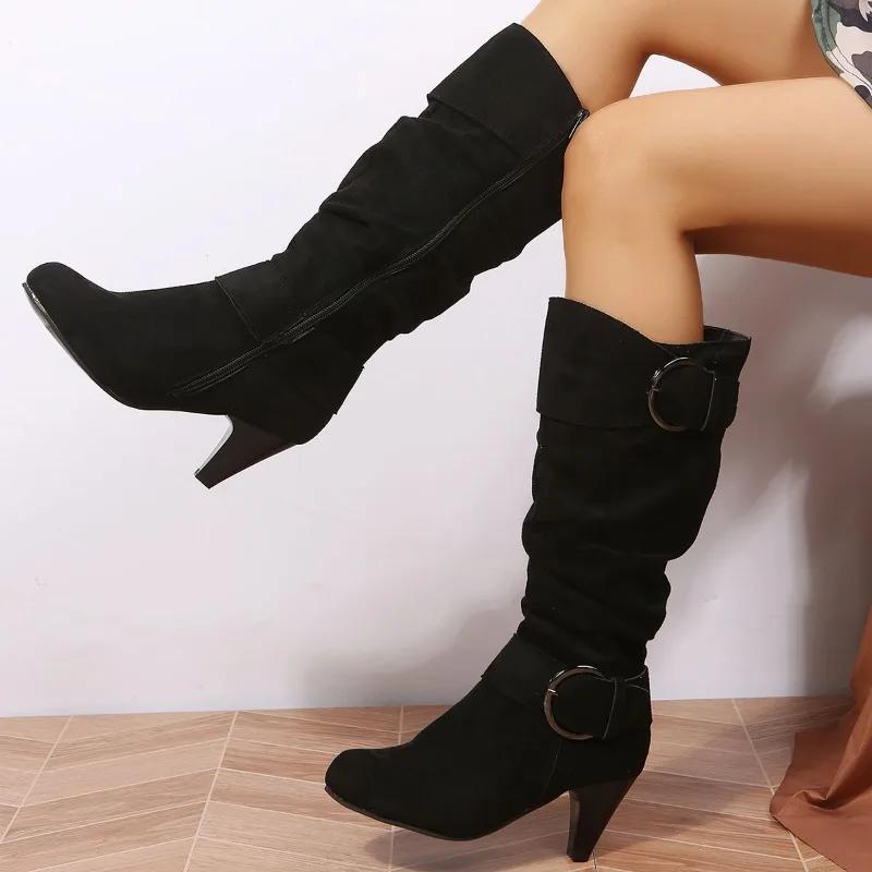 Damen Schuhe Heißer Verkauf Seitlicher Reißverschluss Damenstiefel Mode Gürtelschnalle Moderne Stiefel Damen Neu Übergröße Einfarbig Mid-Calf Stiefel 39 schwarz von Joom DACH