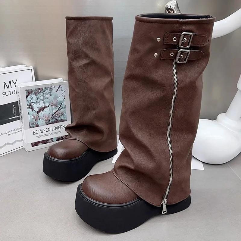 Damen Schuhe Heißer Verkauf Slipper Damenstiefel Mode Gürtelschnalle Moderne Stiefel Damen Winter Runde Zehenpartie Plateau Mid-Calf Stiefel 39 braun von Joom DACH