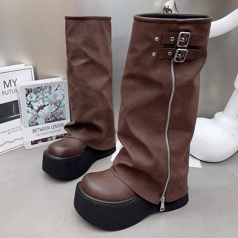 Damen Schuhe Heißer Verkauf Slipper Damenstiefel Mode Gürtelschnalle Moderne Stiefel Damen Winter Runde Zehenpartie Plateau Mid-Calf Stiefel 39 braun von Joom DACH