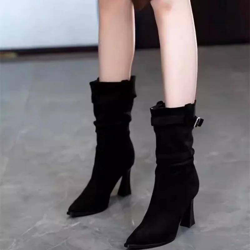 Damen Schuhe Mid-Calf Damenstiefel Slipper Moderne Stiefel Damen Gürtelschnalle Spitzzehe Hohe Absätze Plissierte Schuhe Weiblich 39 schwarz von Joom DACH