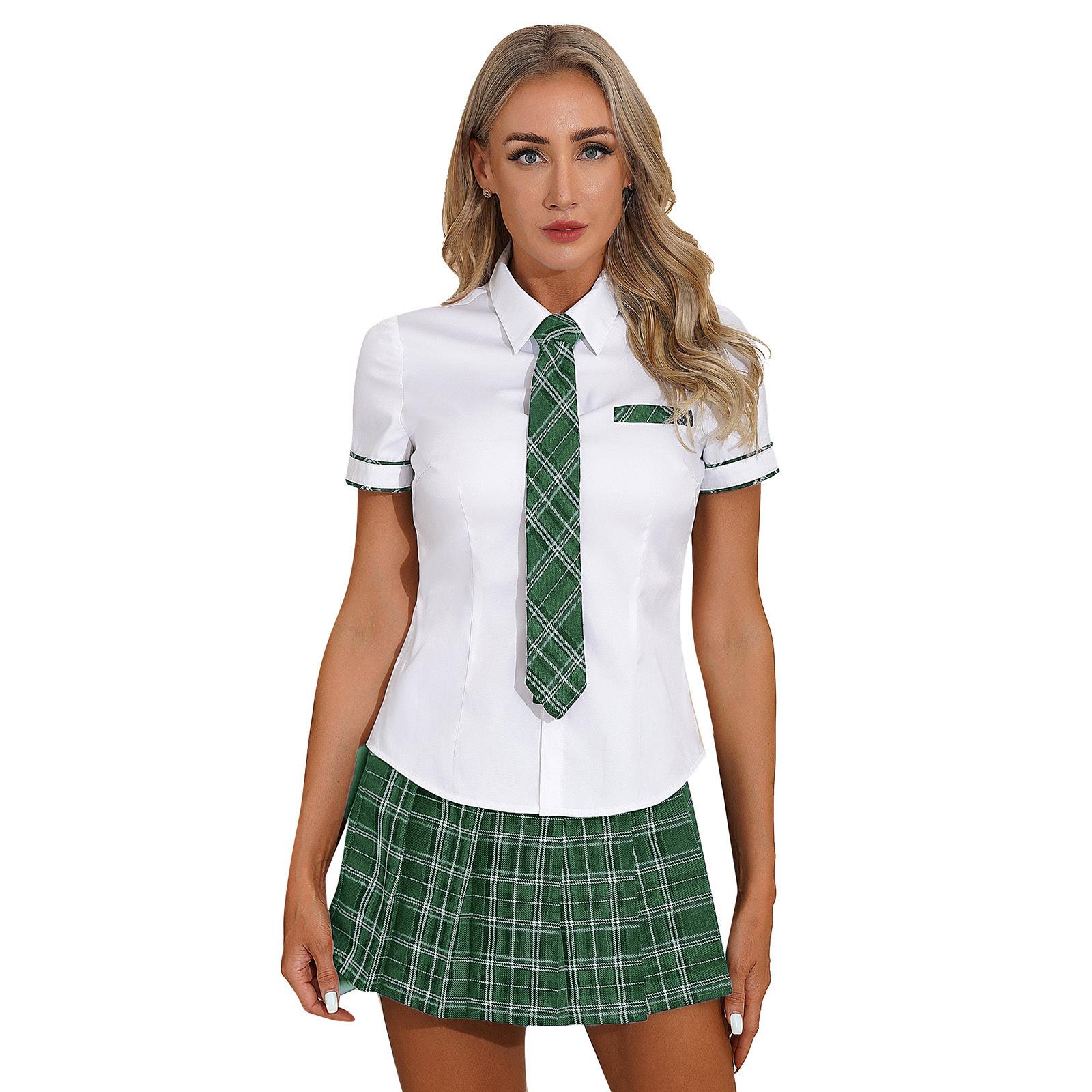 Damen-Schuluniform-Kostüm, 3-teiliges Set, langärmeliges Oberteil, Faltenrock, Krawatte, Outfits 4XL grün von Joom DACH