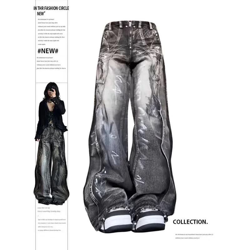 Damen Schwarz Gothic Y2k Graffiti Jeans Vintage Hip-Hop Baggy Ästhetik Waschung Mode Gestreifte Hose Koreanische Trashy Denimhose XS schwarz von Joom DACH