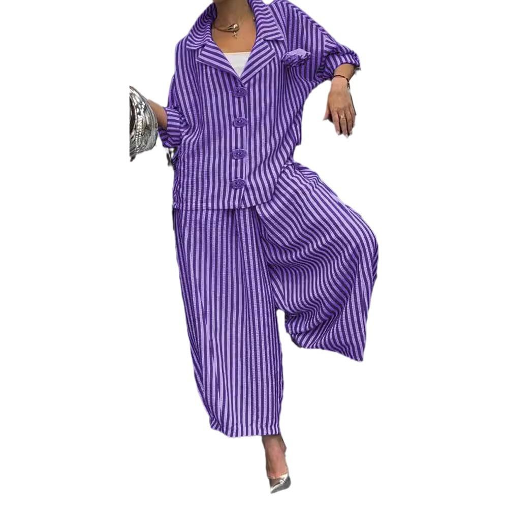 Damen Schwarz-Weiß Gestreiftes Hemd mit Knöpfen und Weitbeiniger Hose Set, Modisches Zweiteiler-Outfit 5XL violett von Joom DACH