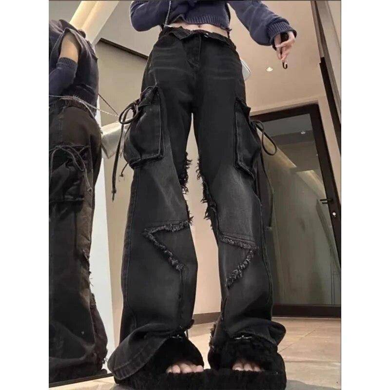 Damen Schwarze Gothic Baggy Cargo Jeans mit Stern Harajuku Y2k 90er Ästhetische Jeanshose Emo 2000er Jeanshose Vintage Kleidung M schwarz von Joom DACH