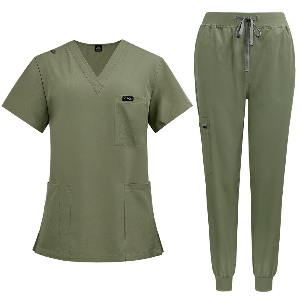 Damen Scrubs Set Joggerhose Henley Zweiteiliges Oberteil und Hose V-Ausschnitt Stretchig Krankenschwester Arbeitsuniform mit Tasche M grün von Joom DACH