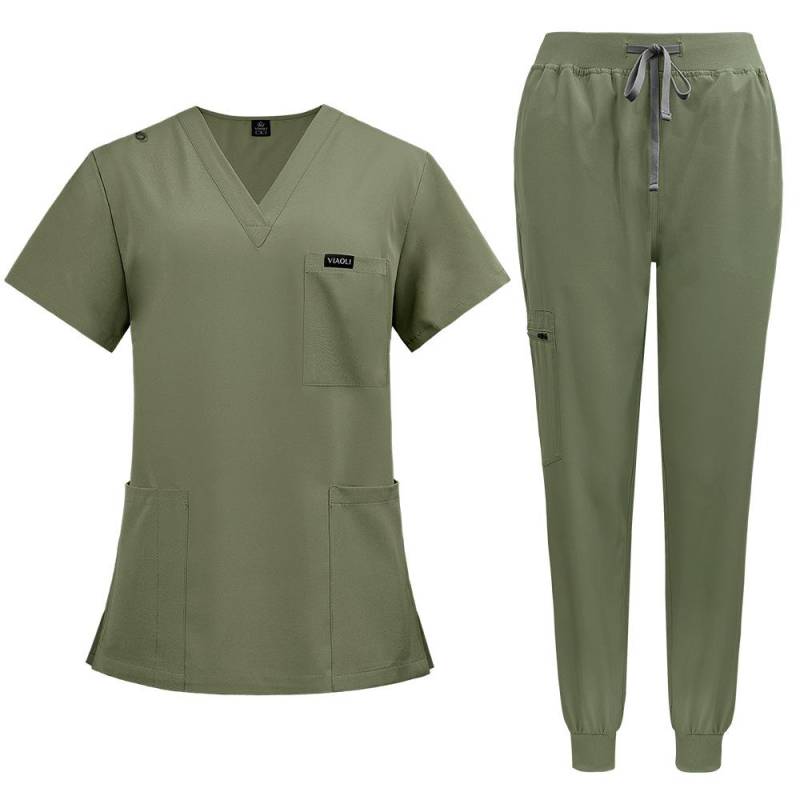 Damen Scrubs Set Joggerhose Henley Zweiteiliges Oberteil und Hose V-Ausschnitt Stretchig Krankenschwester Arbeitsuniform mit Tasche M grün von Joom DACH