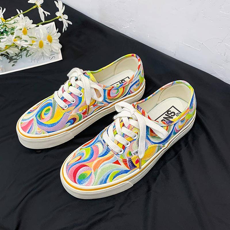 Damen Segeltuchschuhe 2024 Regenbogen-Design Segeltuchschuhe Damen Schnürschuhe Casual Schuhe Damen Graffiti Flache Schuhe Zapatos Mujer 43 von Joom DACH