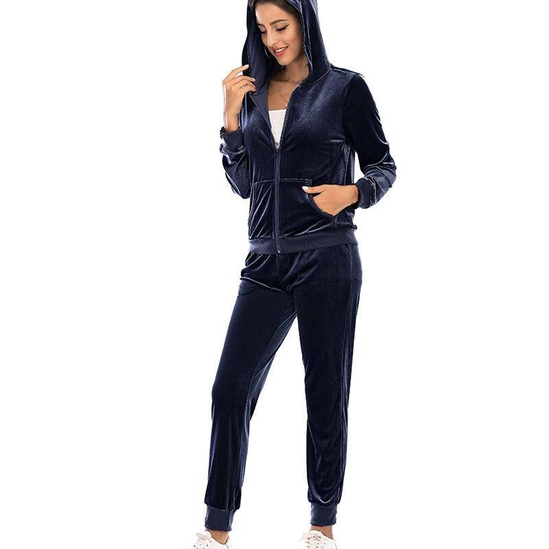 Damen-Set aus superweicher Stretch-Lounge-Jacke aus Samtvelours mit Ober- und Unterteil, lässigem Kapuzenpullover mit Reißverschluss und Jogger-Sport-Trainingsanzug XL navy blau von Joom DACH