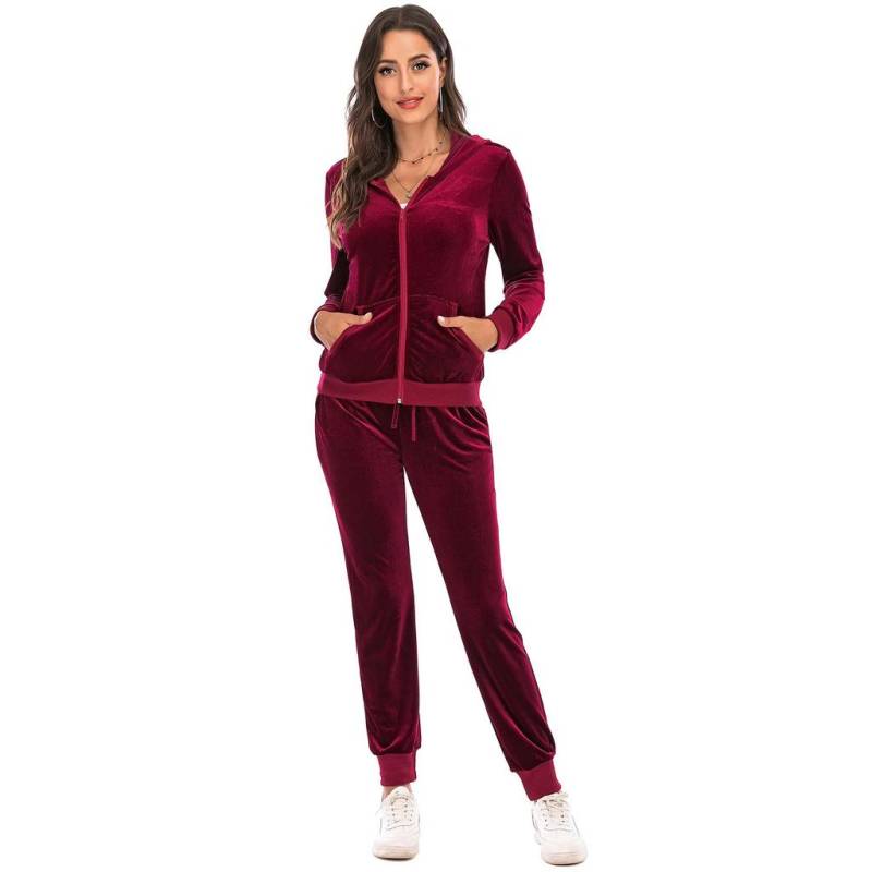Damen-Set aus superweicher Stretch-Lounge-Jacke aus Samtvelours mit Ober- und Unterteil, lässigem Kapuzenpullover mit Reißverschluss und Jogger-Sport-Trainingsanzug XL rot von Joom DACH