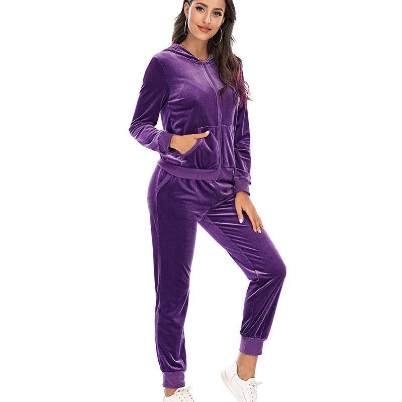 Damen-Set aus superweicher Stretch-Lounge-Jacke aus Samtvelours mit Ober- und Unterteil, lässigem Kapuzenpullover mit Reißverschluss und Jogger-Sport-Trainingsanzug XL violett von Joom DACH