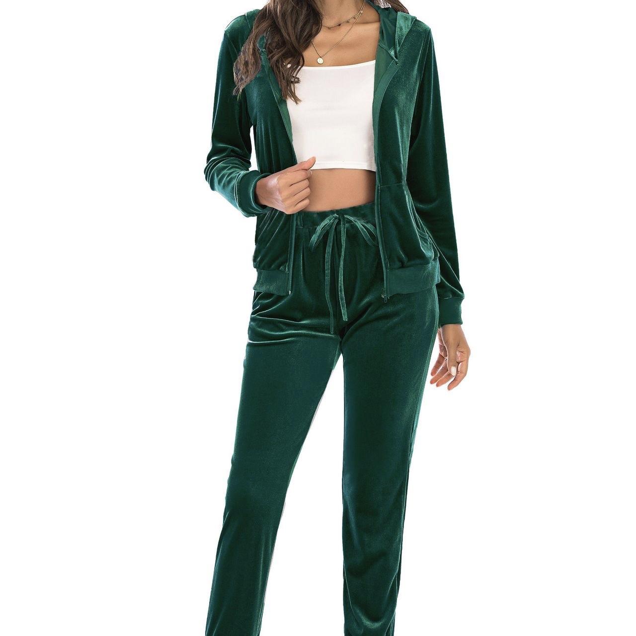Damen-Set aus superweicher Stretch-Lounge-Jacke aus Samtvelours mit Ober- und Unterteil, lässigem Kapuzenpullover mit Reißverschluss und Jogger-Sport-Trainingsanzug XXL grün von Joom DACH