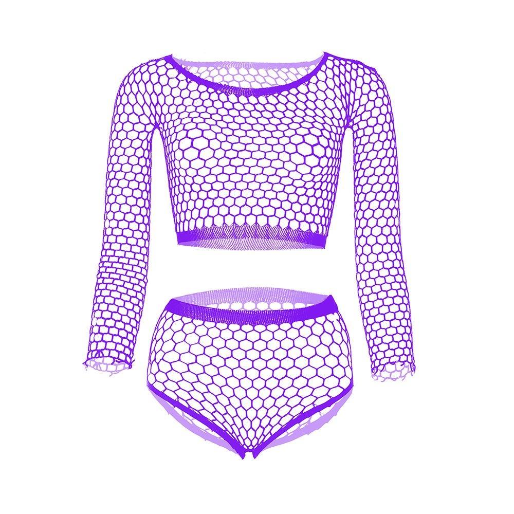 Damen Sexy Langarm-Mesh-Dessous-Set, Netz-Dessous-Set, durchsichtiges sexy Dessous-Unterwäsche-Set, Nachtwäsche violett von Joom DACH