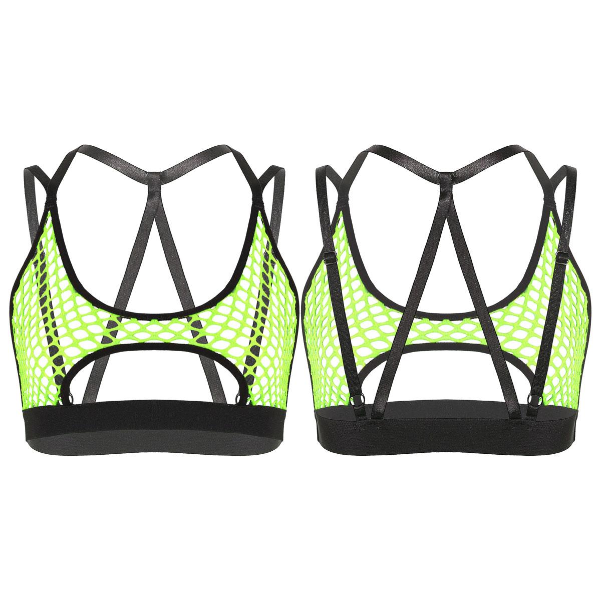 Damen Sheer Mesh Fishnet Hollow Out Neckholder BH Top Crisscross Back Crop Tops neon-grün von Joom DACH