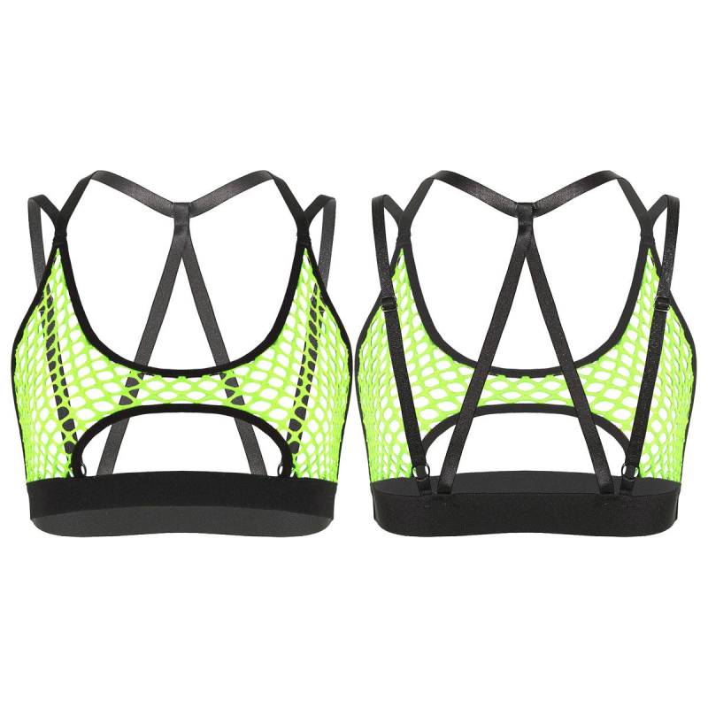 Damen Sheer Mesh Fishnet Hollow Out Neckholder BH Top Crisscross Back Crop Tops neon-grün von Joom DACH