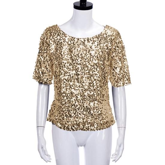 Damen-Shirt, glänzende Pailletten, halbe Ärmel, O-Ausschnitt, lose, einfarbig, weich, atmungsaktiv, Pullover, glitzernde Party, Abschlussball, Cocktail-Bluse 4XL goldgelb von Joom DACH