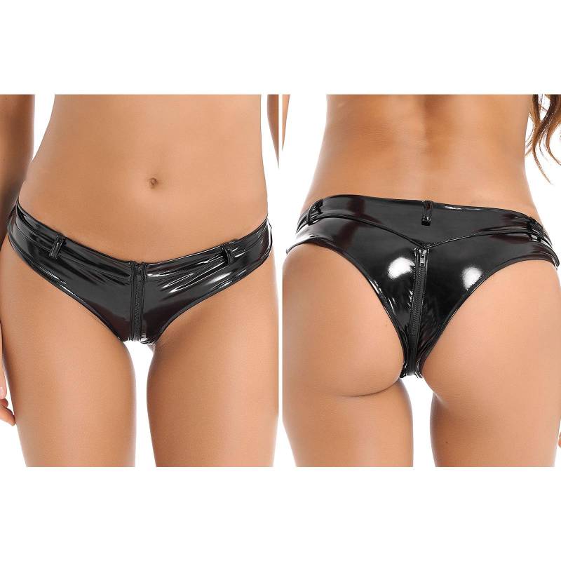 Damen-Shorts aus Lackleder im Wet-Look, Booty-Shorts, niedrige Taille, Reißverschluss im Schritt, Slips, Höschen, Hotpants L schwarz von Joom DACH