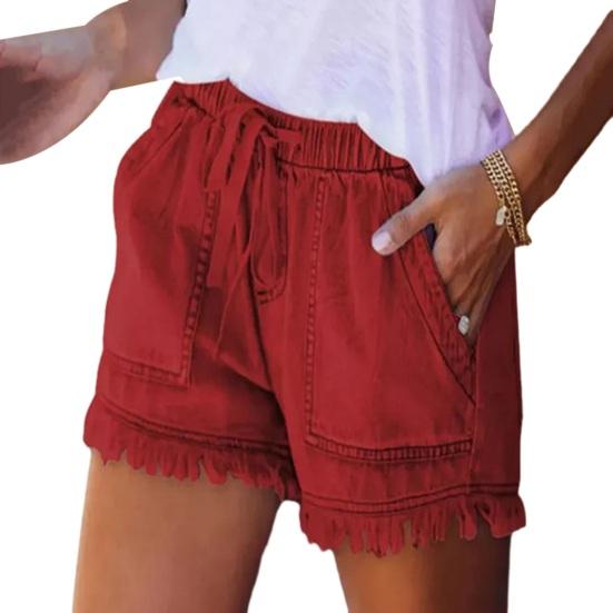 Damen-Shorts mit mittelhohem elastischem Bund, Kordelzug, breite Beintaschen, schweißabsorbierend, einfarbig, mit Quastenbündchen, Sport-Shorts, Streetwear S ziegelrot von Joom DACH