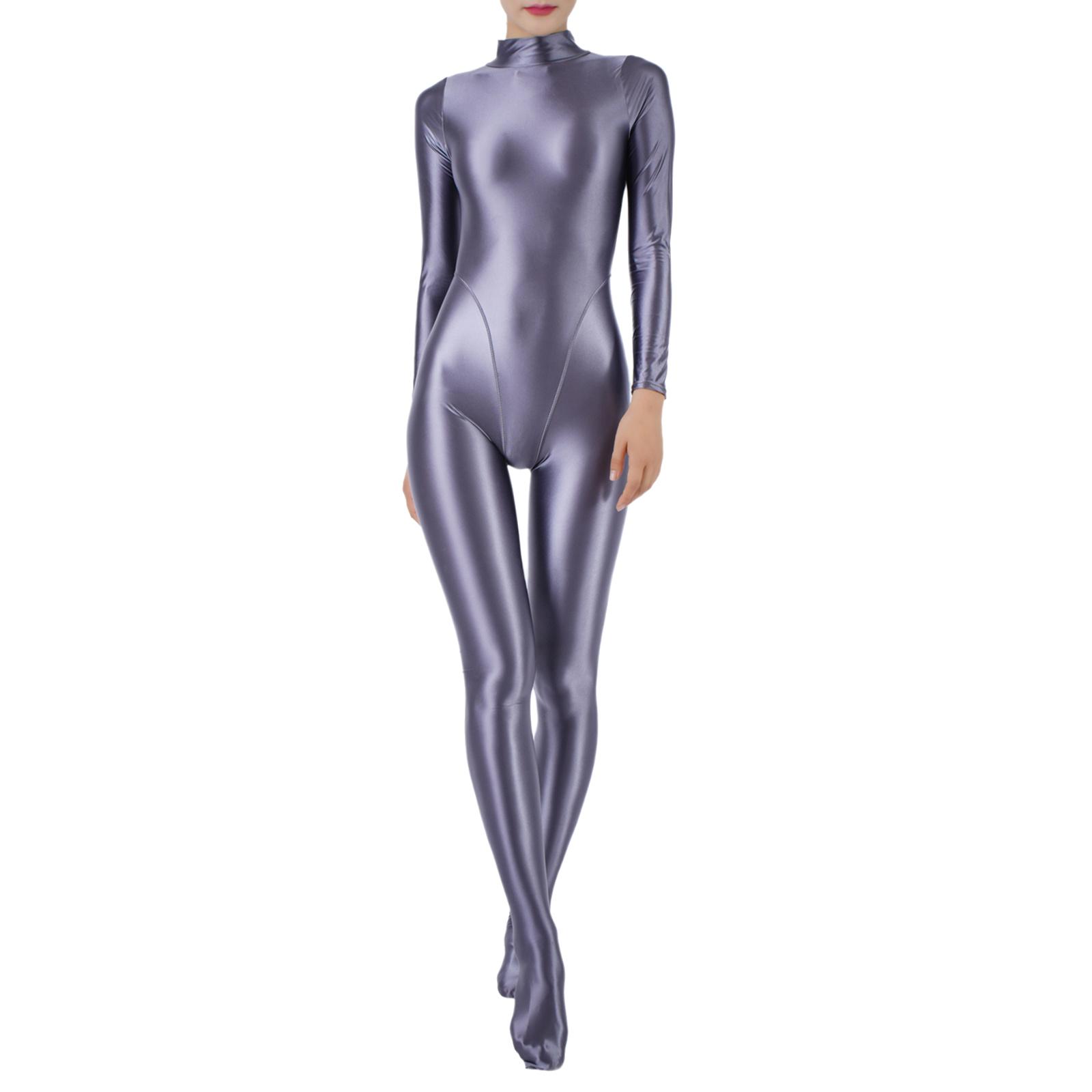 Damen Skinny Glossy Ganzkörper Gymnastik Activewear Bodysuit Jumpsuit Tauchen Surfen Yoga Badeanzug Club Show Pole Dance Kostüm M grau von Joom DACH