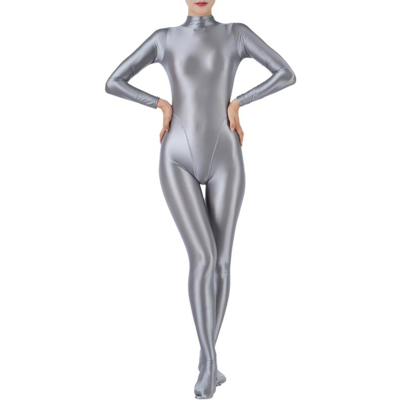 Damen Skinny Glossy Ganzkörper Gymnastik Activewear Bodysuit Jumpsuit Tauchen Surfen Yoga Badeanzug Club Show Pole Dance Kostüm XL silber von Joom DACH