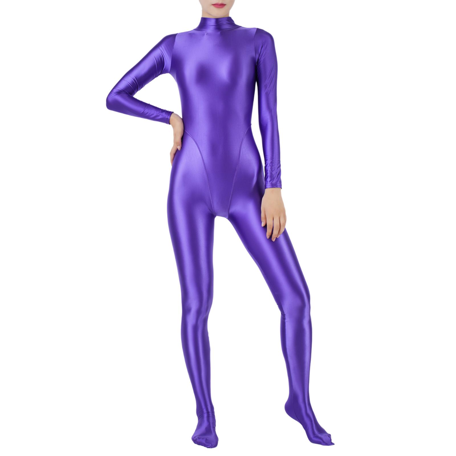 Damen Skinny Glossy Ganzkörper Gymnastik Activewear Bodysuit Jumpsuit Tauchen Surfen Yoga Badeanzug Club Show Pole Dance Kostüm XXL violett von Joom DACH