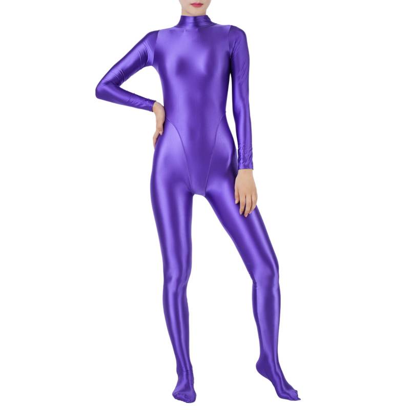 Damen Skinny Glossy Ganzkörper Gymnastik Activewear Bodysuit Jumpsuit Tauchen Surfen Yoga Badeanzug Club Show Pole Dance Kostüm XXL violett von Joom DACH