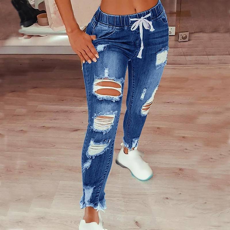 Damen Skinny Ripped Trendy Jeans Distressed Stretch Denim Hose M dunkelblaue von Joom DACH