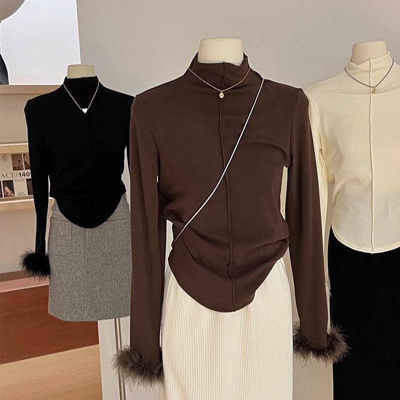 Damen Slim Fit Rollkragen Langarmshirt aus gebürstetem Fell für Herbst/Winter 2XL (65-75 kg) kaffeebraun von Joom DACH