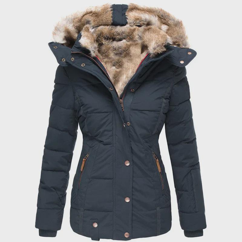 Damen Slim Fit Winterjacke mit Kapuze, Pelzkragen und Reißverschluss M blau von Joom DACH