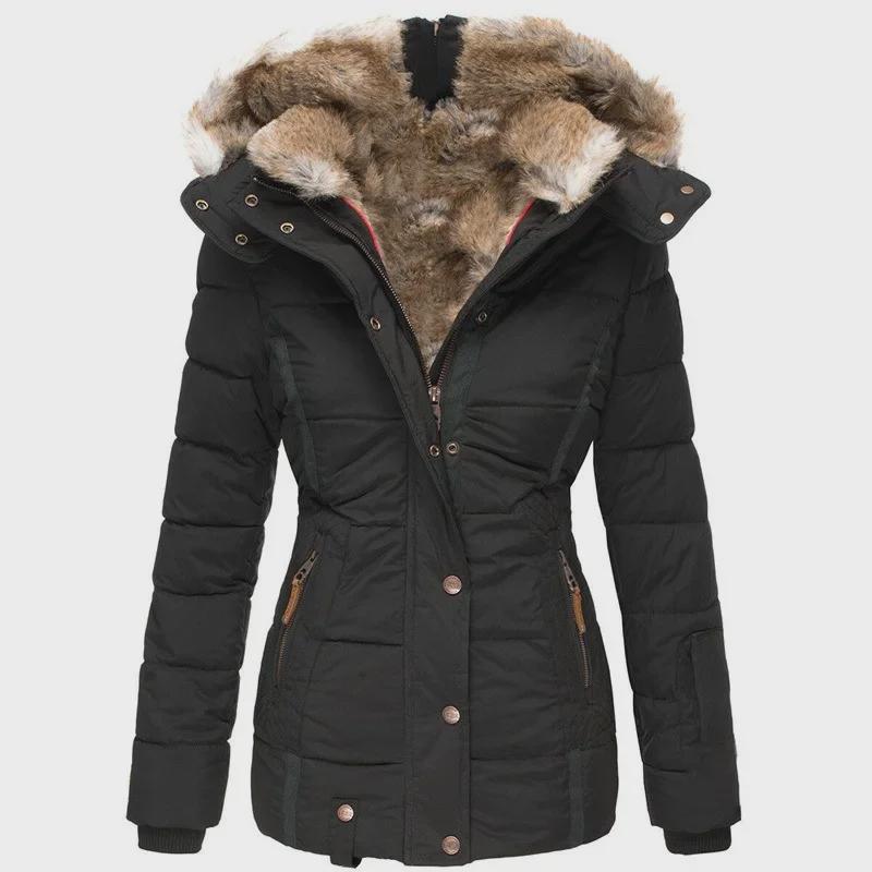 Damen Slim Fit Winterjacke mit Kapuze, Pelzkragen und Reißverschluss M schwarz von Joom DACH