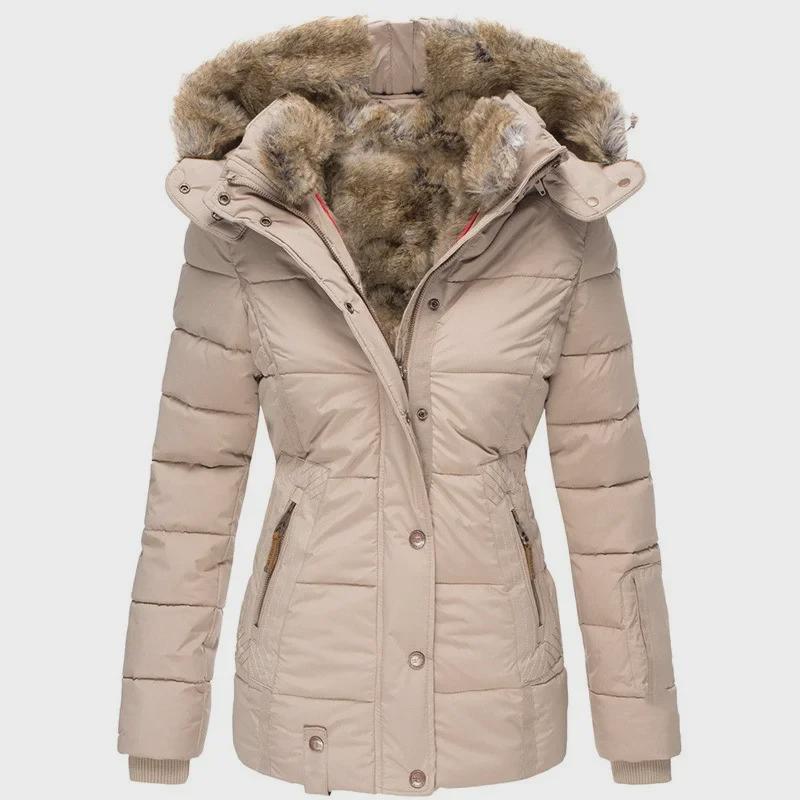 Damen Slim Fit Winterjacke mit Kapuze, Pelzkragen und Reißverschluss S apricot von Joom DACH
