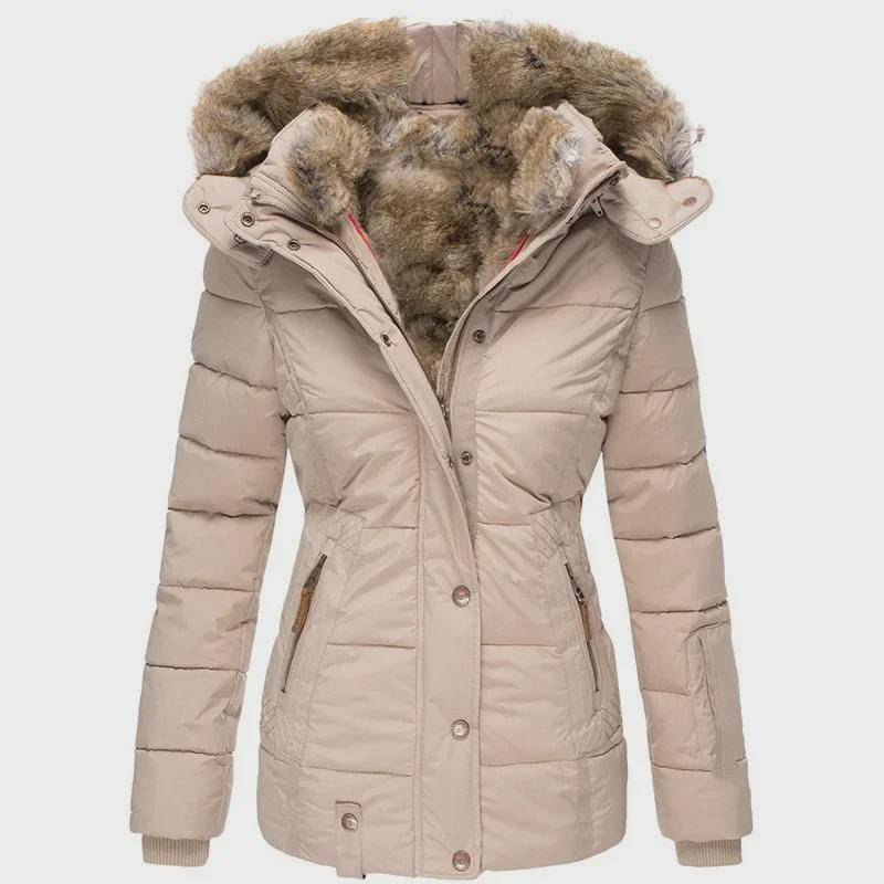 Damen Slim Fit Winterjacke mit Kapuze, Pelzkragen und Reißverschluss S apricot von Joom DACH