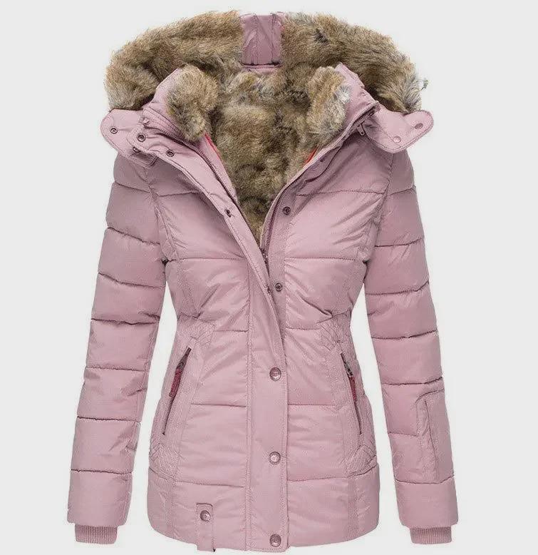 Damen Slim Fit Winterjacke mit Kapuze, Pelzkragen und Reißverschluss S rosa von Joom DACH