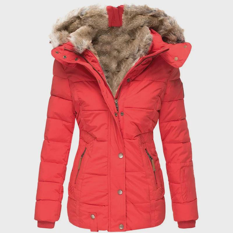 Damen Slim Fit Winterjacke mit Kapuze, Pelzkragen und Reißverschluss XL rot von Joom DACH