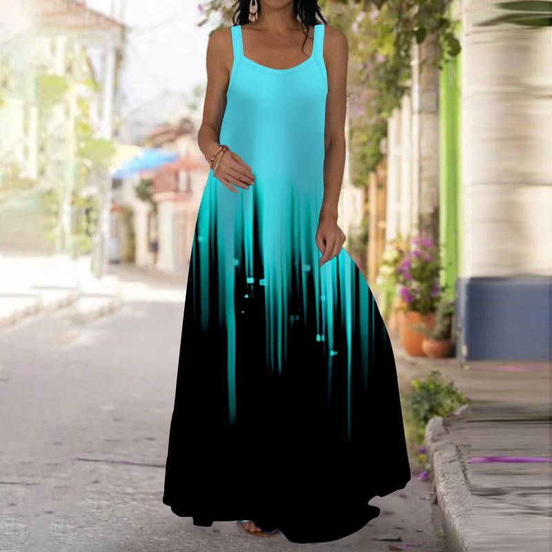 Damen Slip Dress Maxi Langes Kleid Blau Aurora Print Kleid Frühling & Sommer V-Ausschnitt Freizeit Urlaub XS blau von Joom DACH