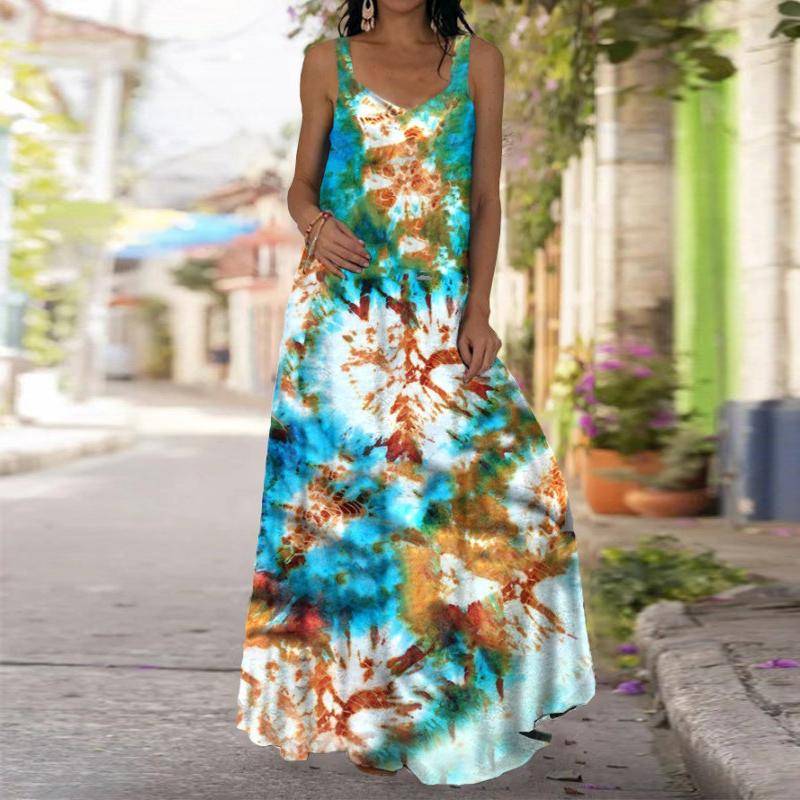 Damen Slip-Kleid Maxi Langes Kleid Blaues Wassertropfen-Print-Kleid Frühling & Sommer V-Ausschnitt Freizeit Urlaub 8XL braun von Joom DACH