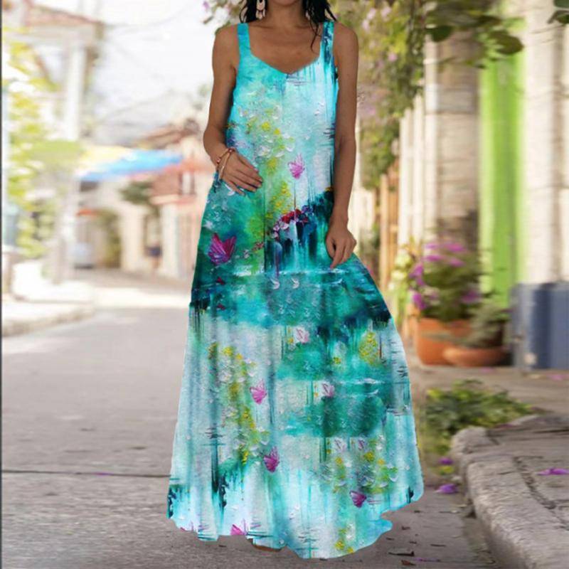 Damen Slip-Kleid Maxi Langes Kleid Blaues Wassertropfen-Print-Kleid Frühling & Sommer V-Ausschnitt Freizeit Urlaub XL hellblaue von Joom DACH