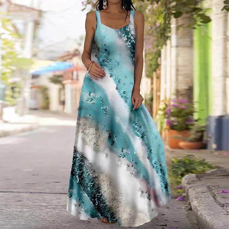 Damen Slip-Kleid Maxi Langes Kleid Blaues Wassertropfen-Print-Kleid Frühling & Sommer V-Ausschnitt Freizeit Urlaub XS hellblaue von Joom DACH
