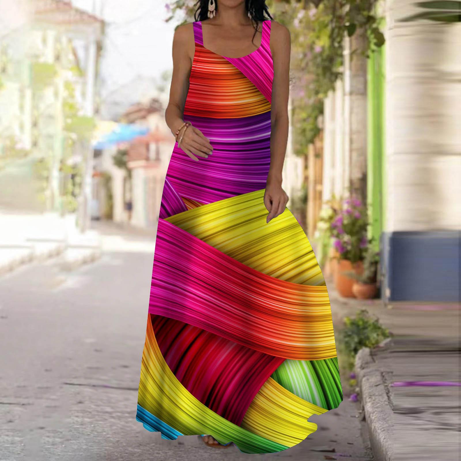 Damen Slip-Kleid Maxi Langes Kleid Sternenregenbogen-Print Kleid Frühling & Sommer V-Ausschnitt Freizeit Urlaub 2XL rosa von Joom DACH