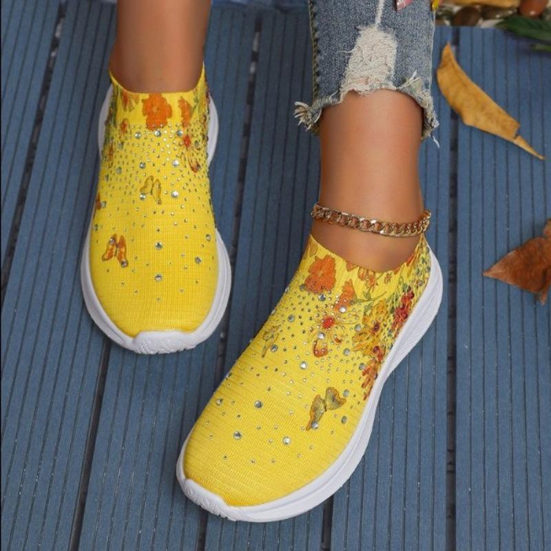 Damen-Slip-On-Sneaker mit Strass-Dekor und Blumen- und Schmetterlingsdruck – atmungsaktive Strick-Laufschuhe 40 gelb Damen-Slip-On-Sneaker mit Strass-Dekor und Blumen- und Schmetterlingsdruck – atmungsaktive Strick-Laufschuhe 40 gelb von Joom DACH