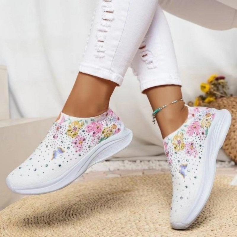 Damen-Slip-On-Sneaker mit Strass-Dekor und Blumen- und Schmetterlingsdruck – atmungsaktive Strick-Laufschuhe 40 weiß von Joom DACH