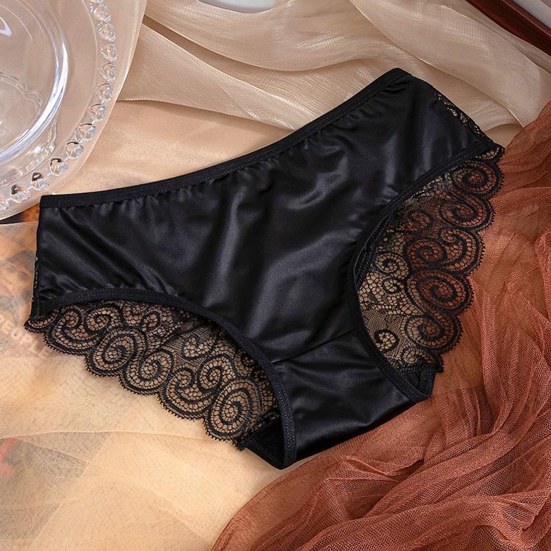 Damen-Slip mit Schleife, Spaghettiträger, Satin, mittlere Taille, aushöhlen, Spitze, einfarbig, nahtlos XL schwarz von Joom DACH