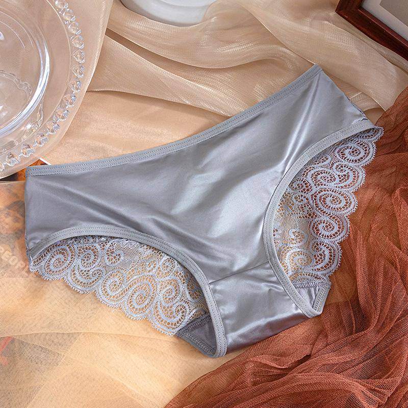 Damen-Slip mit Schleife, mittlerer Taille, Satin, einfarbig, Spaghettiträger, Spitzen-Slip, ausgehöhlt, nahtlos L graue von Joom DACH